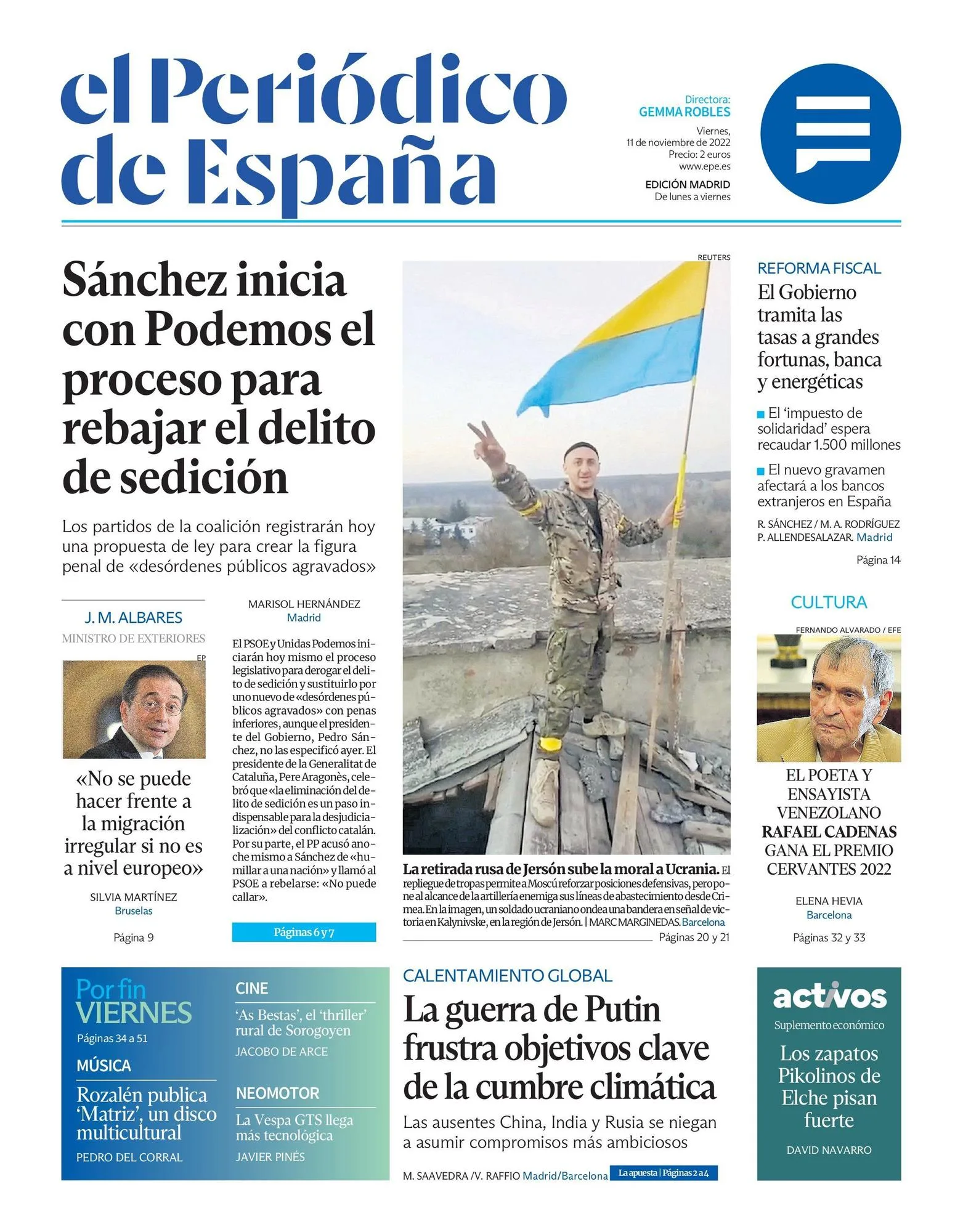 Coperta EL PERIÓDICO DE ESPAÑA, astăzi vineri, 11 noiembrie 2022