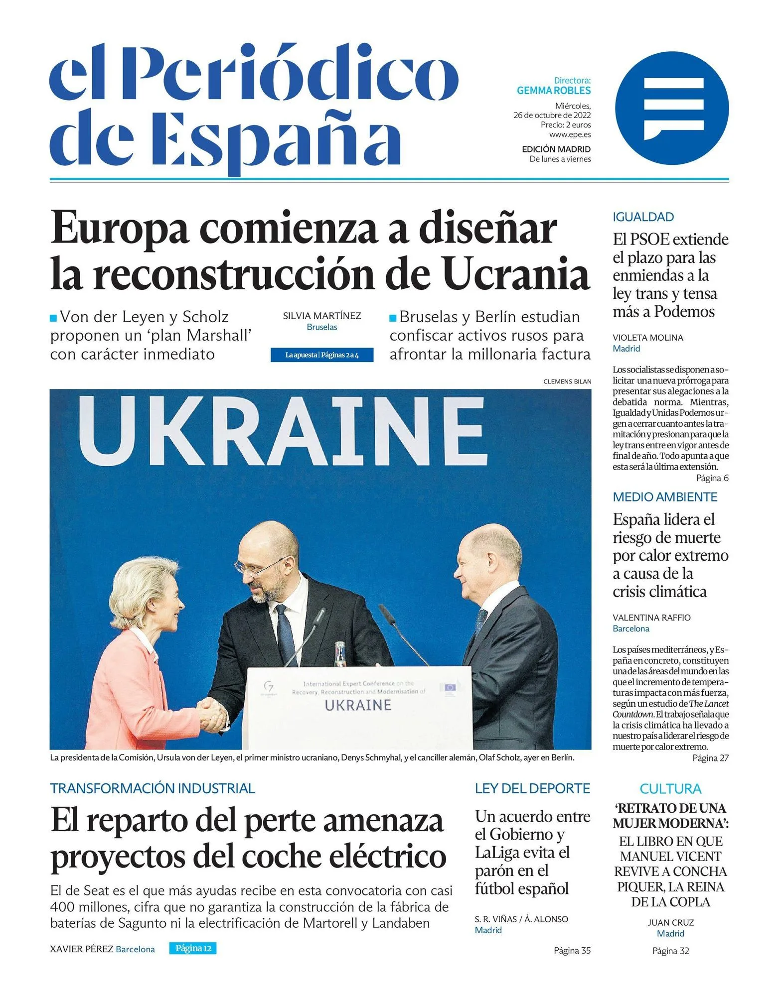 Coperta El Periódico de España, astăzi miercuri, 26 octombrie 2022