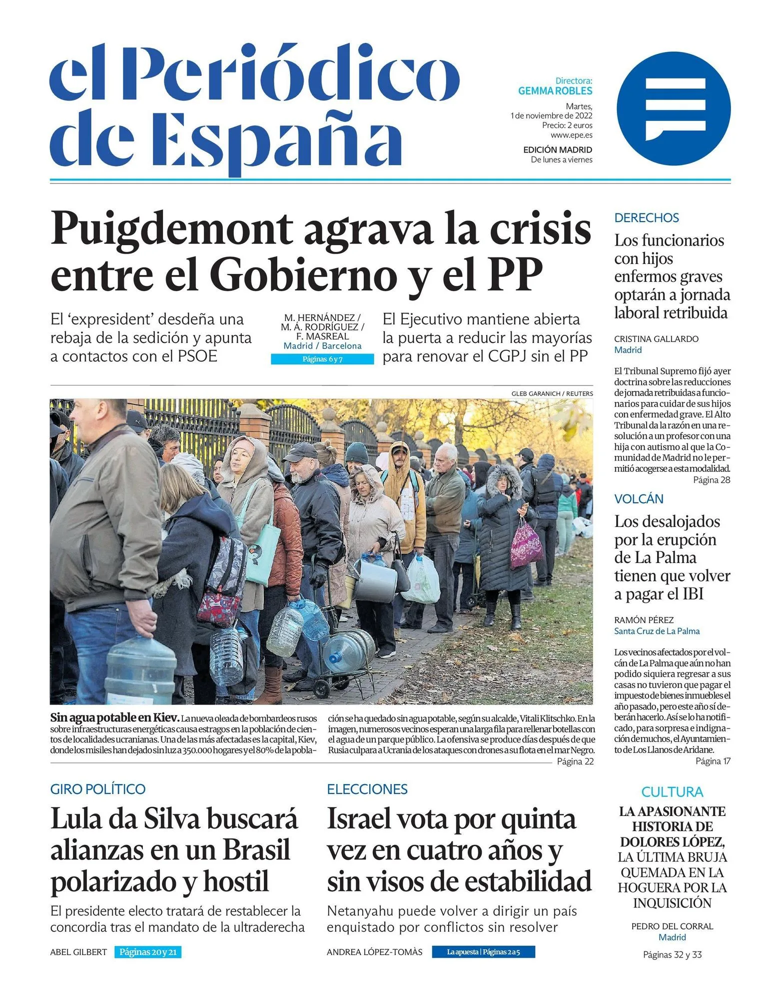 Coperta EL PERIÓDICO DE ESPAÑA, astăzi marți, 1 noiembrie 2022