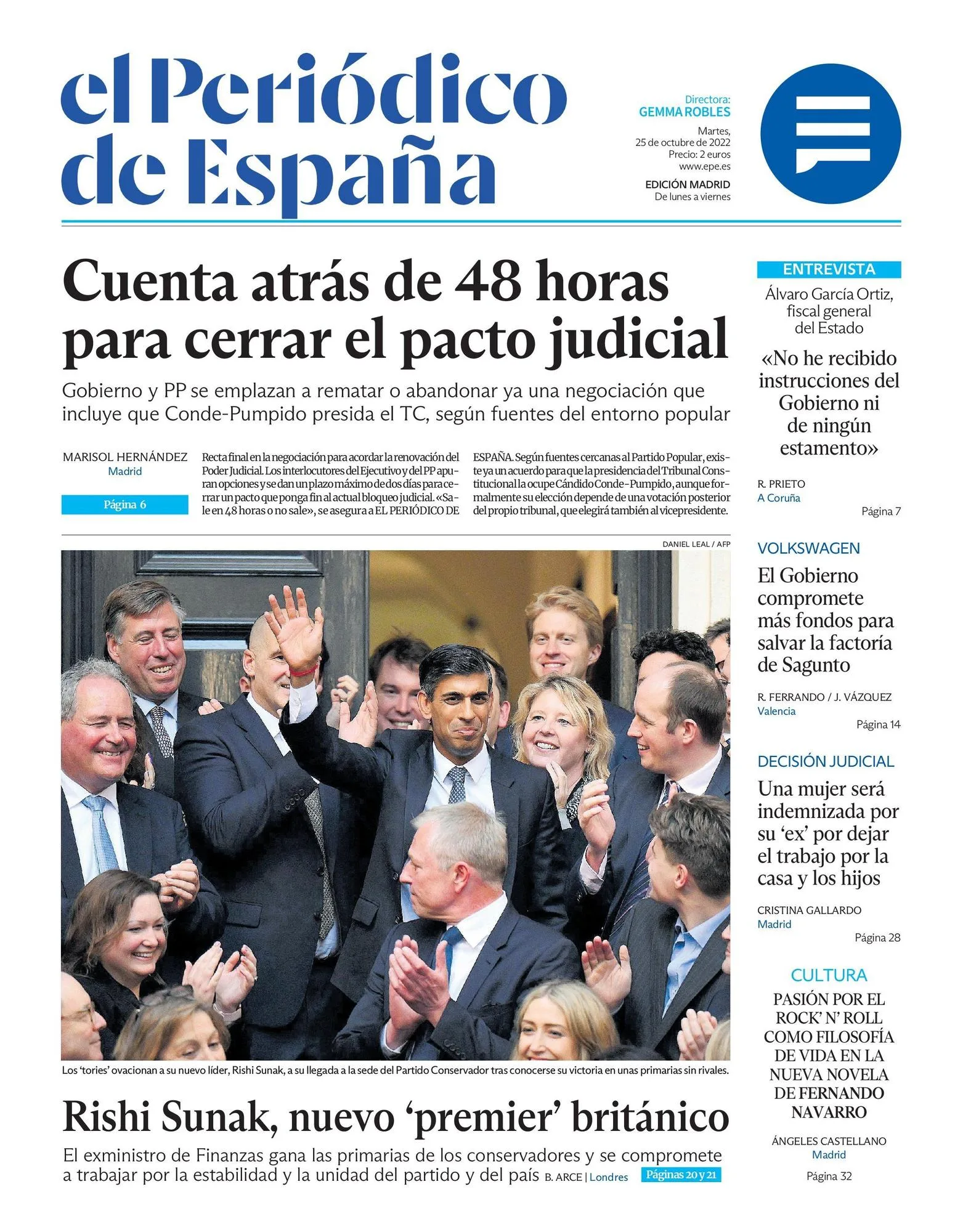 Coperta EL PERIÓDICO DE ESPAÑA, astăzi marți, 25 octombrie 2022