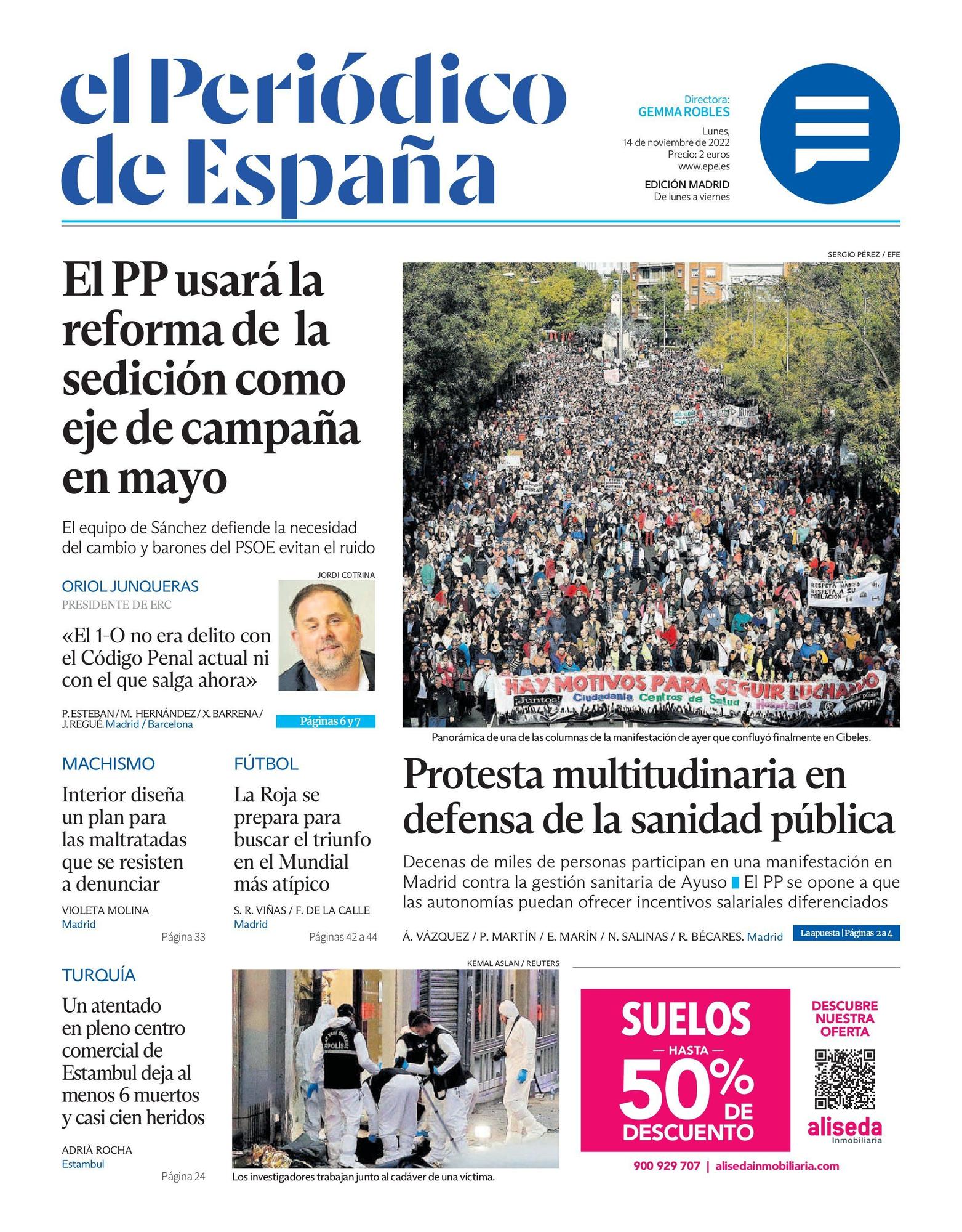 EL PERIÓDICO DE ESPAÑA pentru astăzi, luni, 14 noiembrie 2022