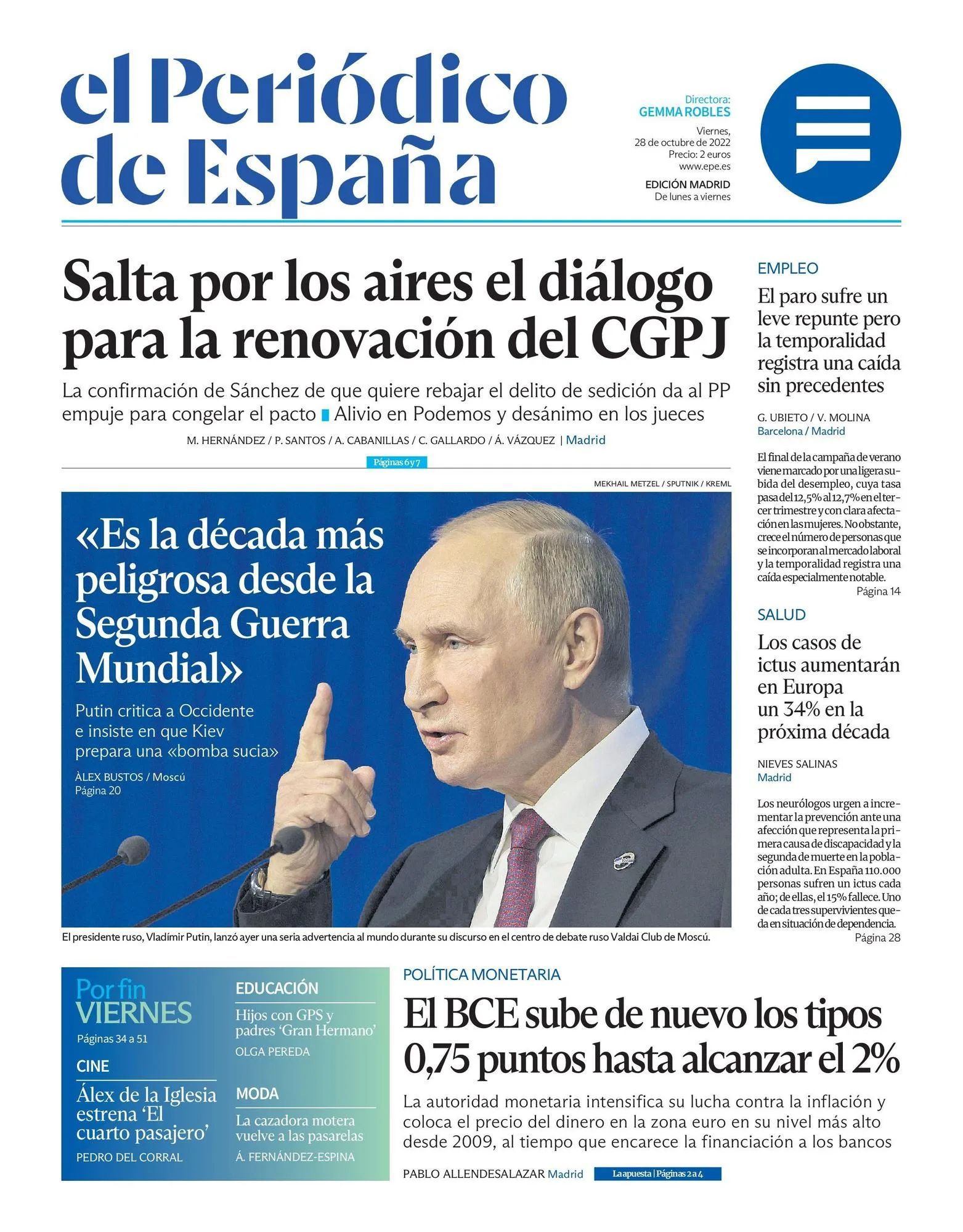 Coperta EL PERIÓDICO DE ESPAÑA, astăzi, vineri, 28 octombrie 2022