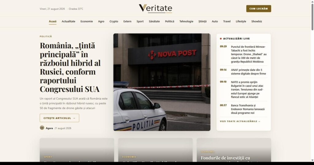 Veritate.ro propune un flux de știri scris integral de 12 jurnaliști AI, cu reguli publice de verificare